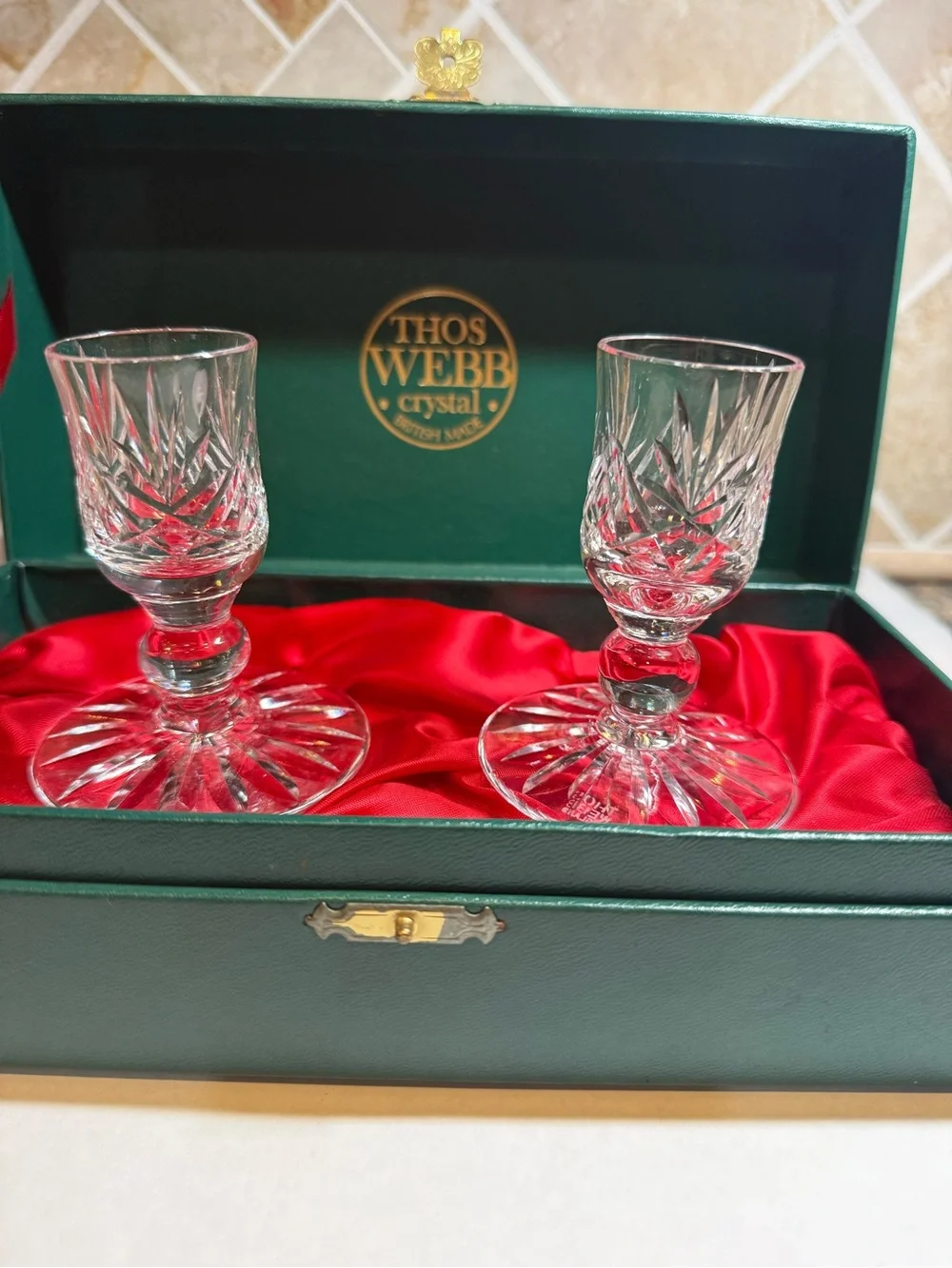 Thos Webb Crystal Cut Cordial Liqueur Glasses, pair with original box, England.